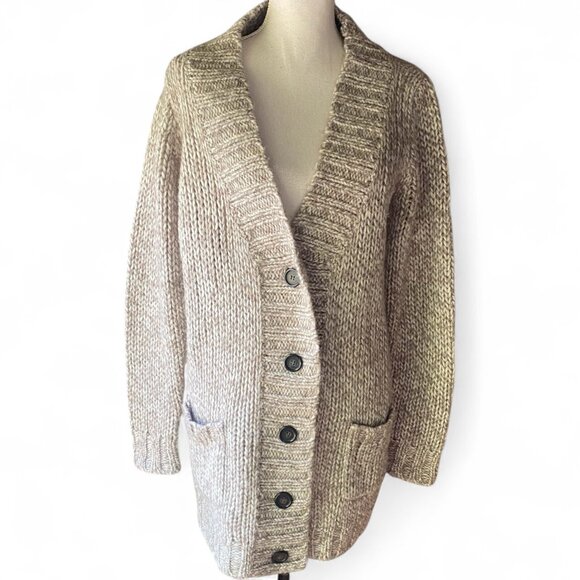 J Crew Cozy Wool Blend Tan Button Front Chunky Cardigan Sweater L preppy neutral - Picture 1 of 16